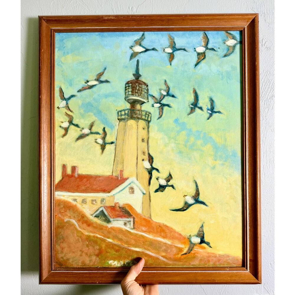 Vintage Original Lighthouse Painting Flying Seabirds Signed Coastal Wall Decor - Picture 13 of 14